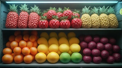 Vibrant Display of Colorful Artificial Fruits on Market Shelves