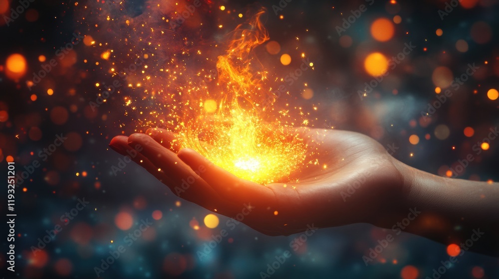 Wall mural glowing fire sparks emanating from open hand with colorful background
