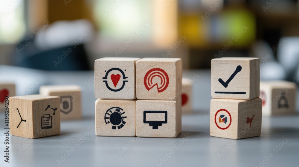 Poster wooden blocks with various icons representing business concepts.