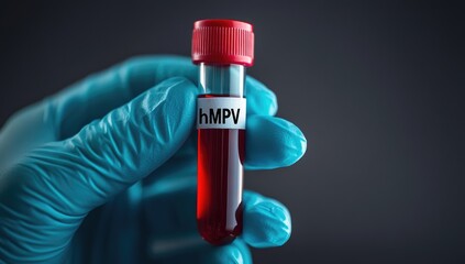 A hand in a blue glove holds a test tube labeled hMPV, containing blood. This is part of ongoing research on metapneumovirus in China during 2025