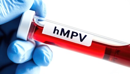 Obraz premium A hand in a blue glove holds a test tube labeled hMPV, containing blood. This is part of ongoing research on metapneumovirus in China during 2025