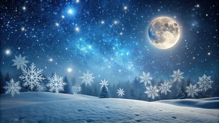 Enchanted Winter Night Snow Covered Landscape Under a Full Moon and Starry Sky