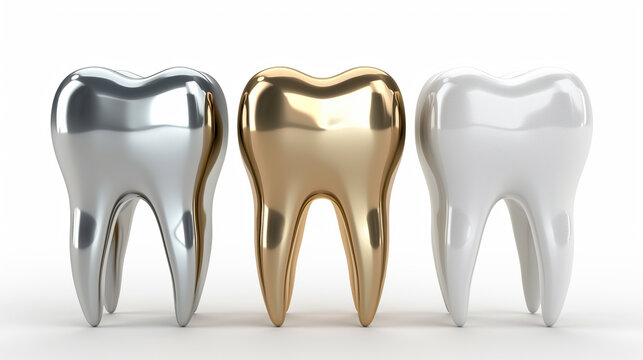 Shiny silver, golden and porcelain tooth isolated on a plain on white background