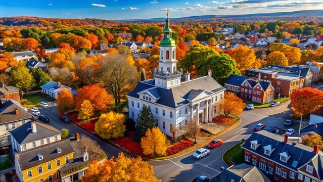 Aerial Autumn View of Fairfield, CT's Historic Old Town Hall