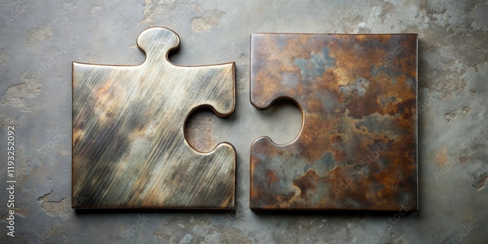 Poster Two Interlocking Metallic Puzzle Pieces on Textured Surface