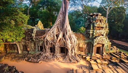 Obraz premium Generated image Drone view of Ta Prohm Temple, with giant tree roots intertwined with ancient stone ruins