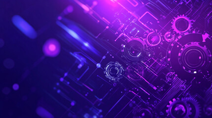 Obraz premium A close-up of a circuit board with gears overlaid, illuminated by purple light, symbolizing the integration of mechanical and digital technology.