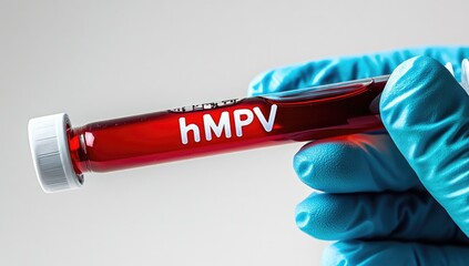 Obraz premium A hand in a blue glove holds a test tube labeled hMPV, containing blood. This is part of ongoing research on metapneumovirus in China during 2025