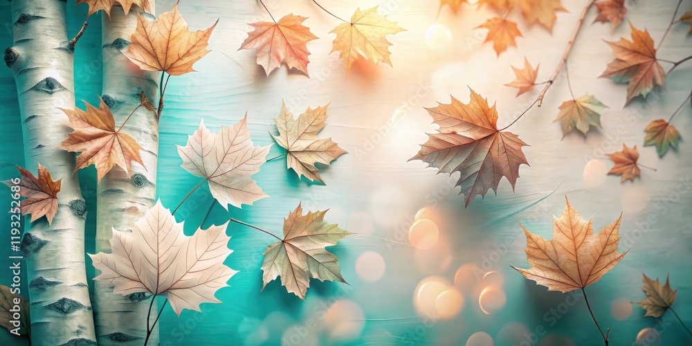 Poster autumnal serenity birch trees and falling maple leaves on a teal background