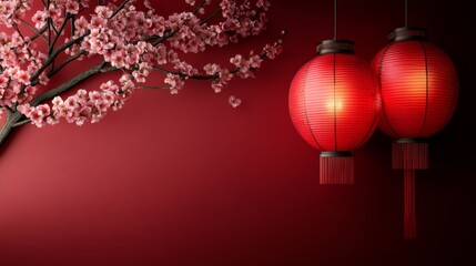 Red paper with red lantern, branch of cherry blossoms, symbolizing traditional Asian celebration