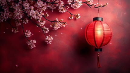 Obraz premium Red paper with red lantern, branch of cherry blossoms, symbolizing traditional Asian celebration