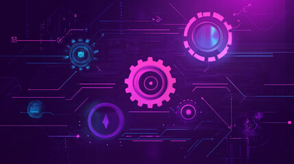 Obraz premium A close-up of a circuit board with gears overlaid, illuminated by purple light, symbolizing the integration of mechanical and digital technology.
