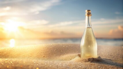 Sparkling Beverage Bottle on Sandy Beach at Sunset