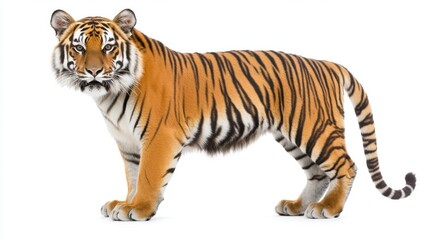 Naklejka premium Majestic Tiger Standing on White Background with Sharp Stare
