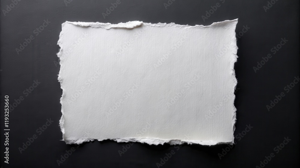 Poster a textured white piece of paper with a torn edge sits atop a dark surface.