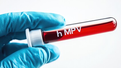 Obraz premium A hand in a blue glove holds a test tube labeled hMPV, containing blood. This is part of ongoing research on metapneumovirus in China during 2025