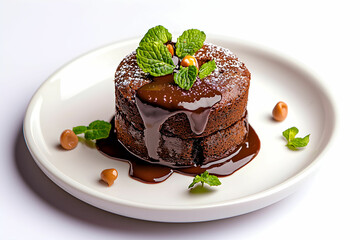 Chocolate Dessert with Mint Leaves and Sauce on White Plate
