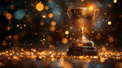 Shiny golden trophy on podium with sparkling background celebrating achievements and success in a prestigious award ceremony atmosphere