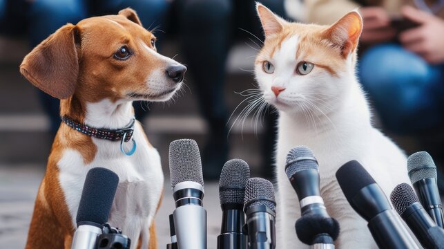 Press conference with dog and cat, row microphones pointed at animals. Important opinion about pet food and products. Social media interview. Funny joke, humor.