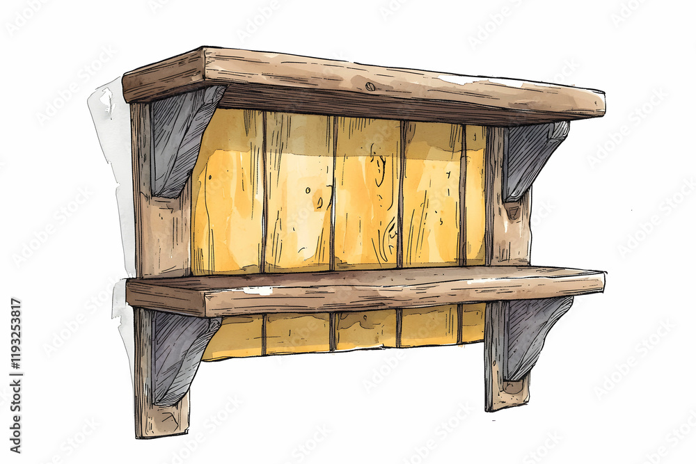 Poster handcrafted wooden shelf design with rustic finish and supports