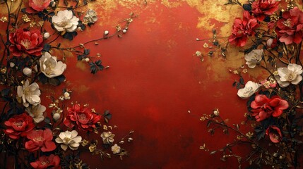 Red and gold background featuring flowers in bloom, creating elegant and vibrant floral display