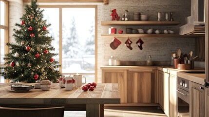 Kitchen scene with a wooden table and a Christmas tree s 250 c