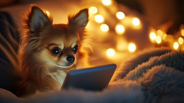Dog lie comfortably in bed, hold modern cell mobile phone. Doggy look at cellphone screen and order pet food and toy delivery at home. Funny lazy puppy with smartphone. Internet shopping.