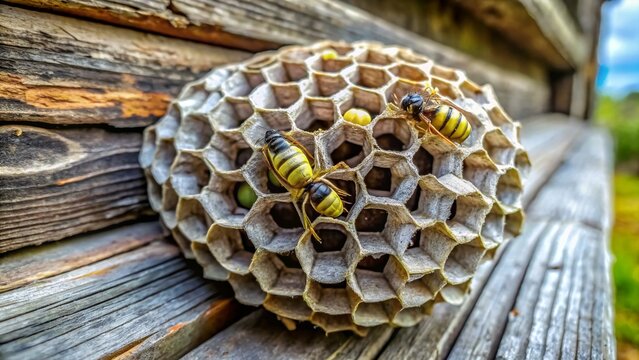 Aerial Drone Shot: Gray Wasp Nest on Wooden Beam - House Wasp Nest