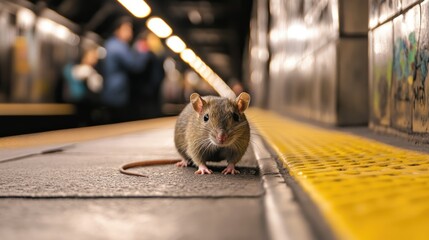 Curious rat near person foot on yellow subway platform. Urban street, harsh realities of city life. Animal survival. Dirty garbage mouse extermination. Mice Infestation. Get rid of rodents issue.
