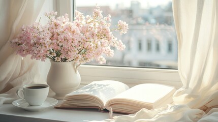 Serene Window Scene with Blossoming Flowers and Open Book