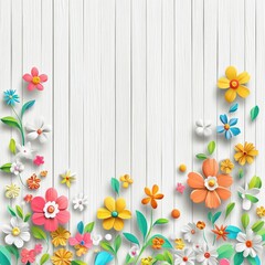 Colorful paper flowers on white wood.