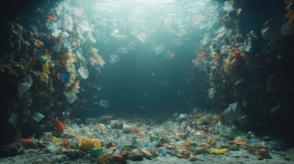 Obraz premium Underwater Scene of Plastic Pollution Accumulation in Ocean Depths