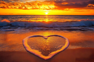 Fototapeta premium A breathtaking sunset over the ocean, with waves crashing onto golden sand and vibrant colors in the sky