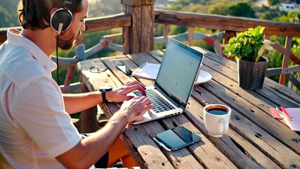 Digital nomad working remotely on balcony with laptop