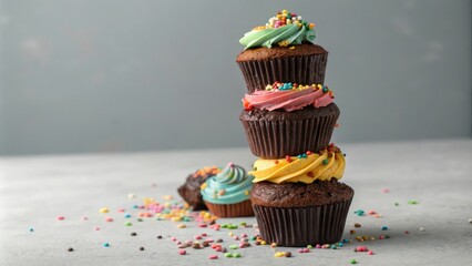 A stack of chocolate cupcakes with colorful frosting and sprinkles on a neutral gray background, layered, dessert, cupcake, cake