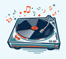 Fototapeta premium Colorful musical vinyl record player turntable and notes - music design