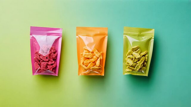 Colorful snack bags with crunchy treats on a vibrant background.