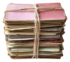 PNG A stack of aged, worn cards bound together with twine, showcasing various colors and textures.