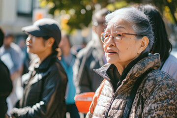 A festive neighborhood street fair featuring booths, live music, and people of all walks of life mingling and celebrating 