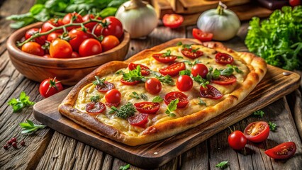 Aerial Drone Shot: Rustic Wooden Tray with Cheesy Bacon Khachapuri, Tomatoes & Herbs