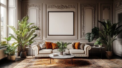 Elegant Living Room Interior with Cozy Couch and Decorative Plants