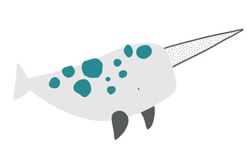 Vector hand drawn illustration of cartoon cute narwhal on white. Cute animals for children. Arctic animals. Cartoon baby character. Kids postcard, poster, print. Scandinavian. © ZHUKO