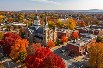 Aerial Drone View of Downtown Frederick, Maryland in Autumn, Featuring Historic Catholic Church