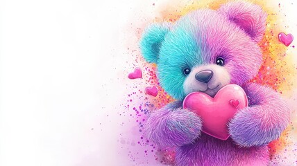 Fototapeta premium A colorful teddy bear holds a heart, surrounded by a vibrant splash of colors and hearts, conveying love and playfulness.