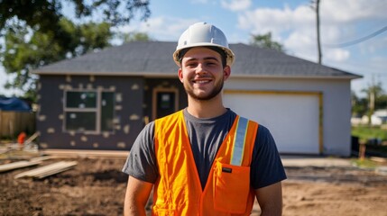 A confident young man in construction gear standing in front of a newly built one-story house with a flat roof