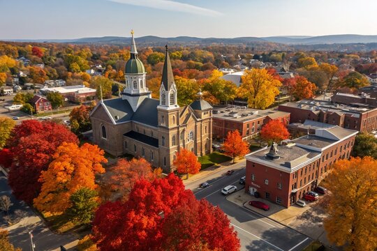 Aerial Drone View of Downtown Frederick, Maryland in Autumn, Featuring Historic Catholic Church