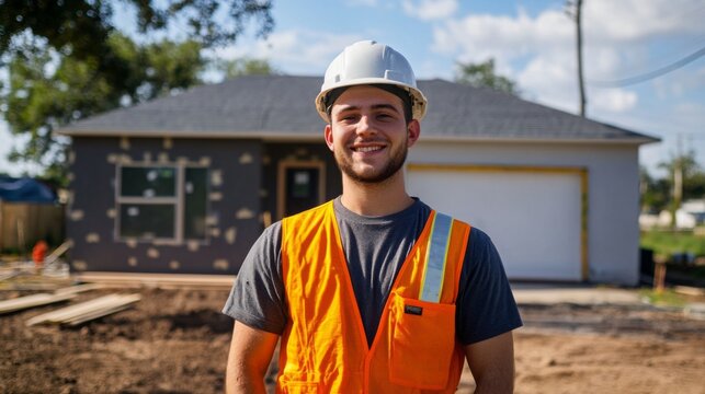 A confident young man in construction gear standing in front of a newly built one-story house with a flat roof