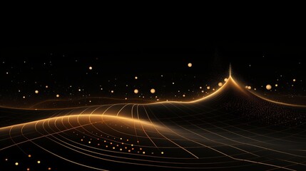 Abstract glowing golden wave with floating light particles, dynamic lines, and grids on a black background, concept of energy flow