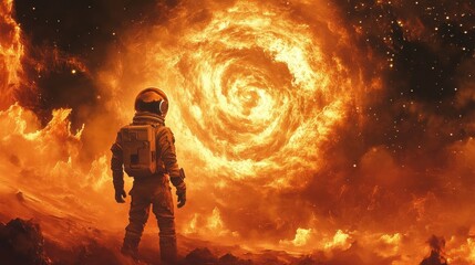 Astronaut Observing a Fiery Cosmic Spiral Nebula