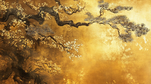 金箔背景に松と桜が描かれた和風アート